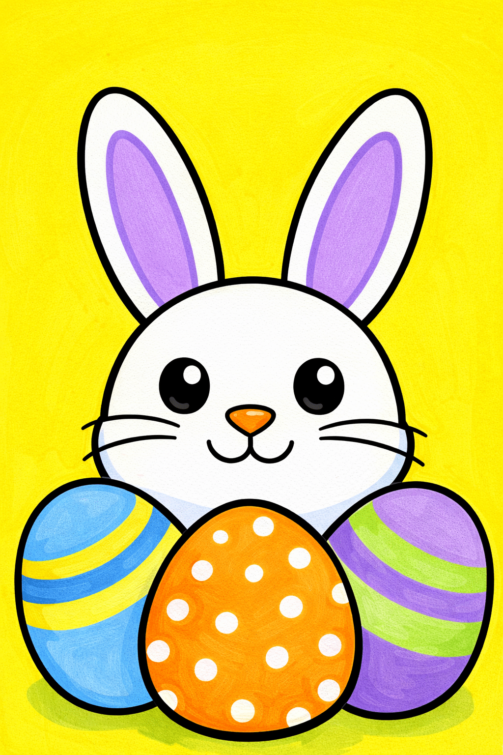 Cute white bunny with purple ears holding colorful Easter eggs on a bright yellow background kids painting.