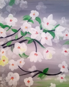 White orchid flowers with green leaves on soft gray background floral painting.