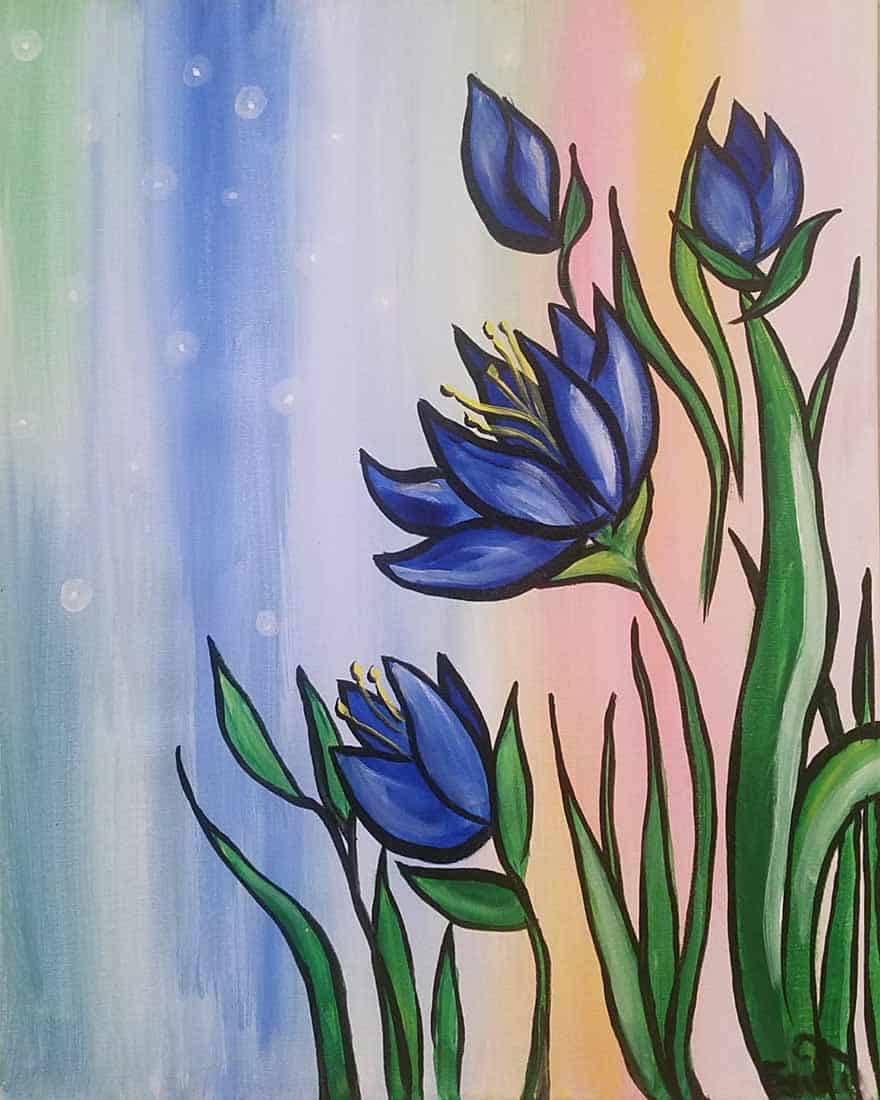 Blue tulip flowers with green stems on a soft rainbow gradient background painting.