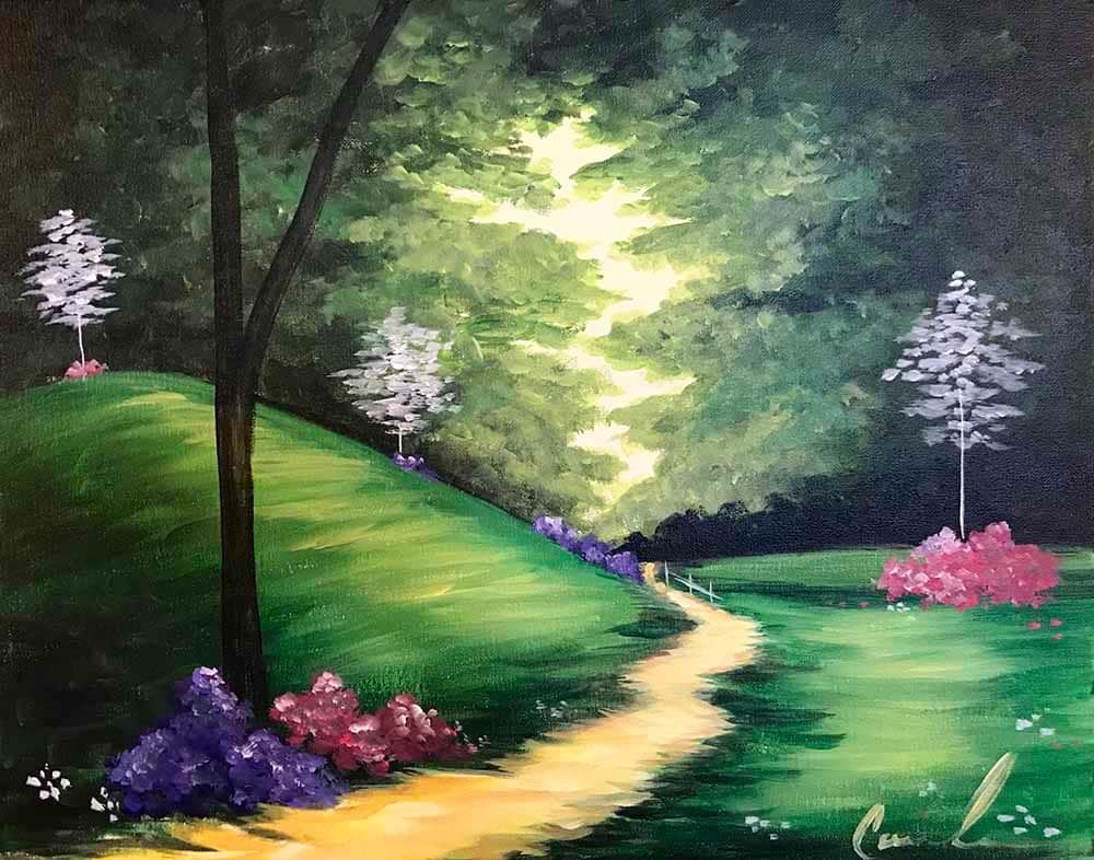 Glowing garden path winding through green hills with flowers and soft sunlight breaking through trees.