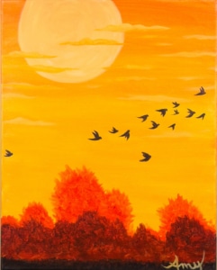 Golden sunset sky with large sun, flying birds, and fiery orange trees in a bold landscape painting.