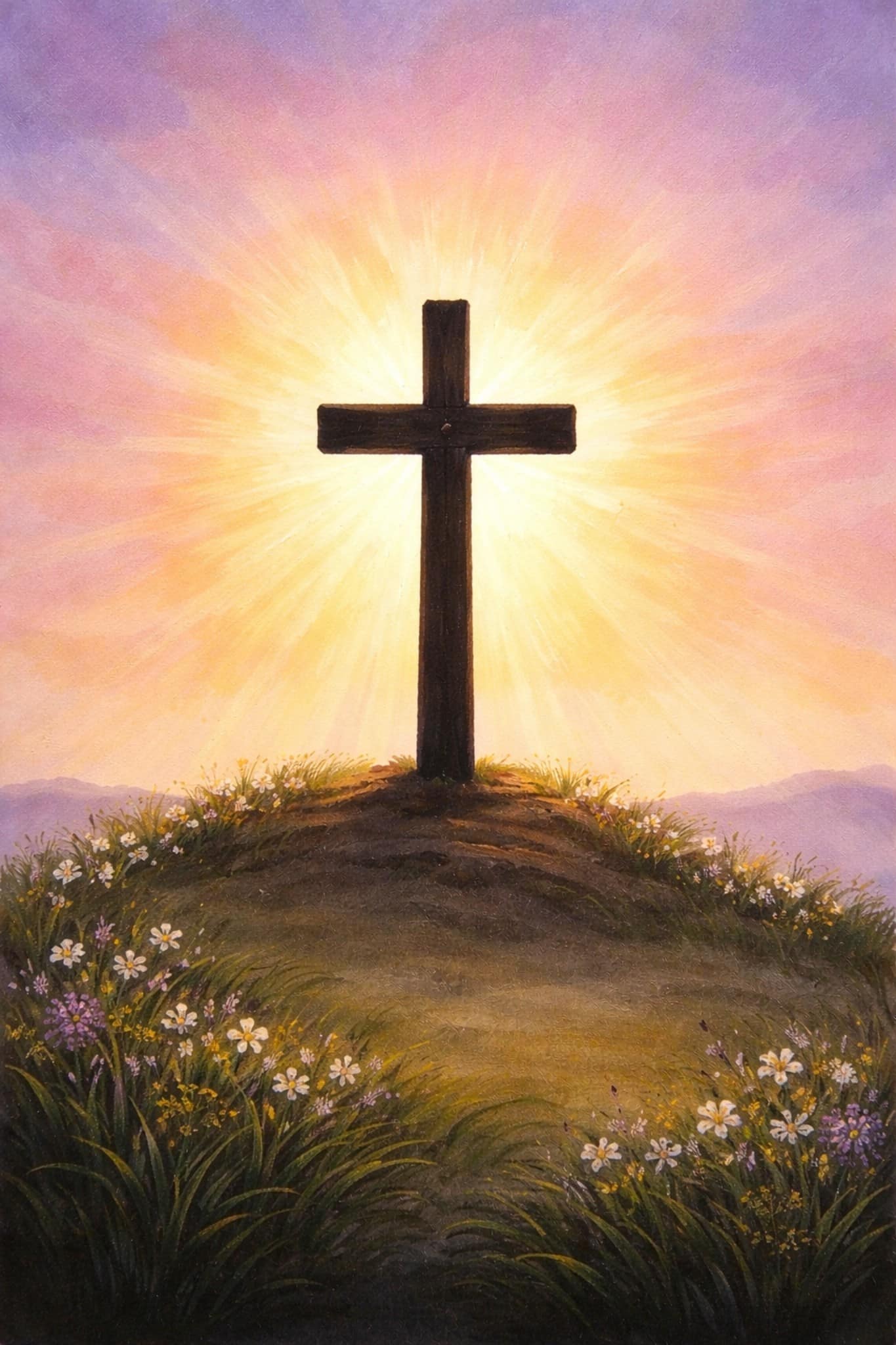 Wooden cross on a hill with glowing sunrise rays and spring flowers in a peaceful Easter painting.