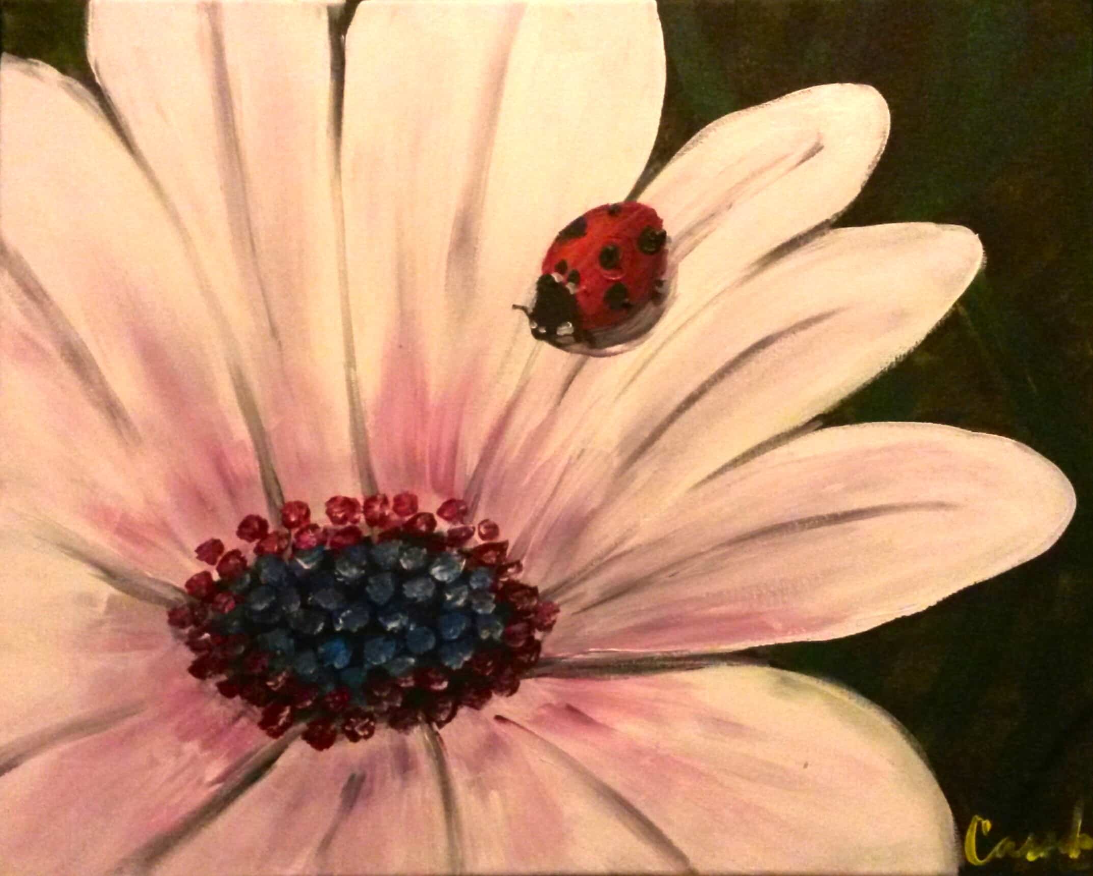 Red ladybug resting on a soft pink flower with a textured center in a close-up floral painting.