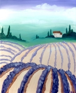 Rolling lavender fields leading to a small countryside house under a soft blue sky landscape painting.