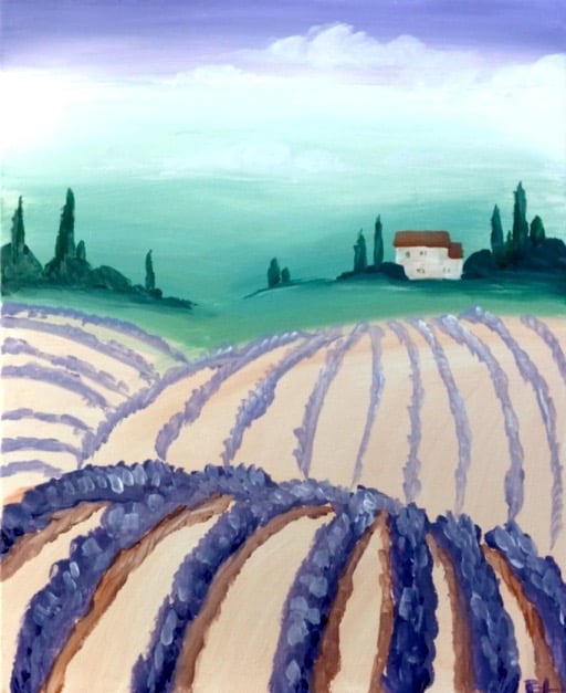 Rolling lavender fields leading to a small countryside house under a soft blue sky landscape painting.