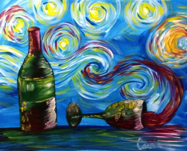 Wine bottle and glass in front of a swirling Van Gogh inspired starry night sky painting.