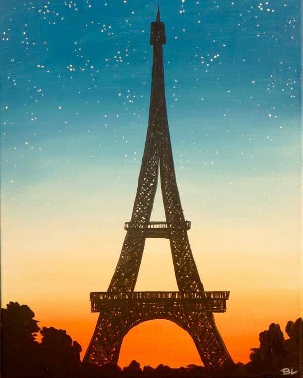 Eiffel Tower silhouette against a glowing sunset sky with stars in a blue to orange gradient background.