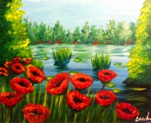 Bright red poppies bloom in the foreground beside a calm pond dotted with lily pads, surrounded by lush green grasses and trees under a soft blue sky.