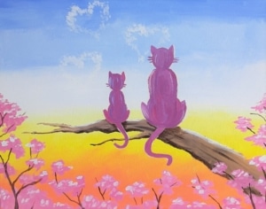Two pink cats sit side by side on a tree branch overlooking a glowing sunset, surrounded by blooming pink cherry blossoms beneath a soft blue sky.