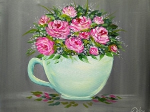 Acrylic painting of pink roses arranged in a teal teacup with green leaves on a soft gray background