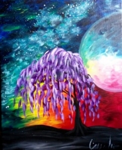 Colorful night sky painting with glowing moon and vibrant purple tree under a star-filled electric sky