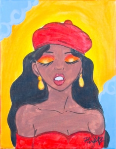 Stylized portrait of a woman with glowing golden eyeshadow, red beret, and warm yellow background