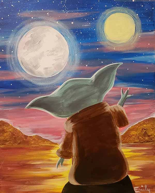 Grogu (Baby Yoda) painting looking at twin moons over a glowing desert landscape.