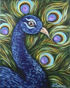 Colorful peacock with blue feathers and vibrant green and purple eye patterns on canvas