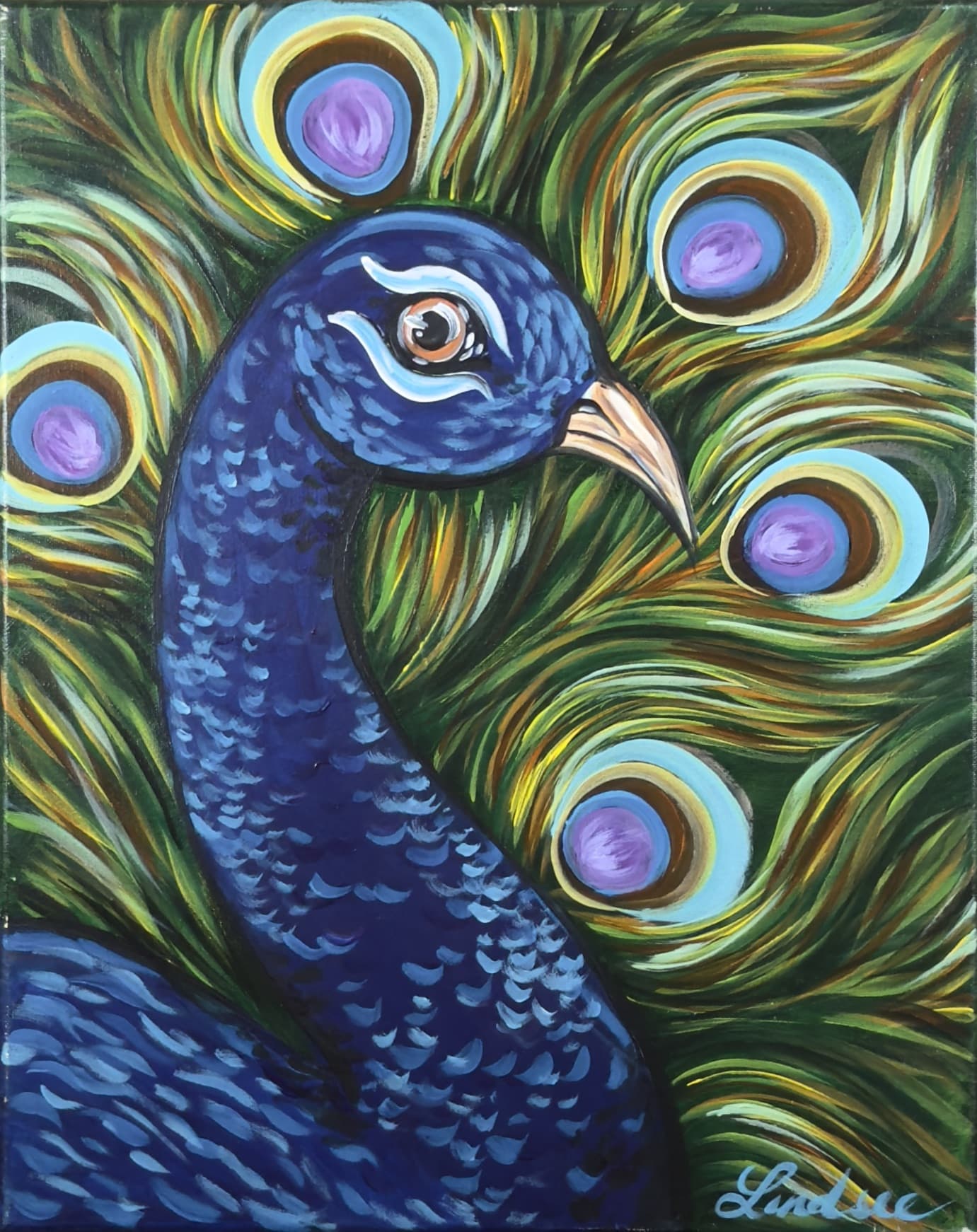 Colorful peacock with blue feathers and vibrant green and purple eye patterns on canvas