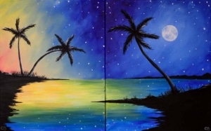 Two-panel tropical beach painting with palm trees, sunset on one side and moonlit night on the other