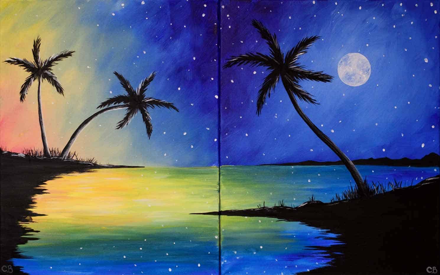 Two-panel tropical beach painting with palm trees, sunset on one side and moonlit night on the other