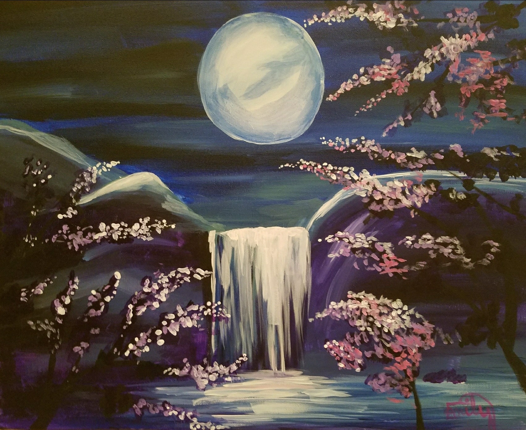 Moonlit waterfall painting with purple tones, cherry blossom branches, and a glowing full moon over calm water.