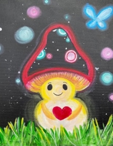 A glowing, whimsical mushroom character with a red cap and a smiling face holds a bright heart, surrounded by colorful floating lights and a butterfly against a dark, starry background above green grass.