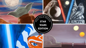 Collage of four Star Wars themed paintings featuring Grogu, lightsabers, a character portrait, and a twin sunset landscape for a paint and sip event.