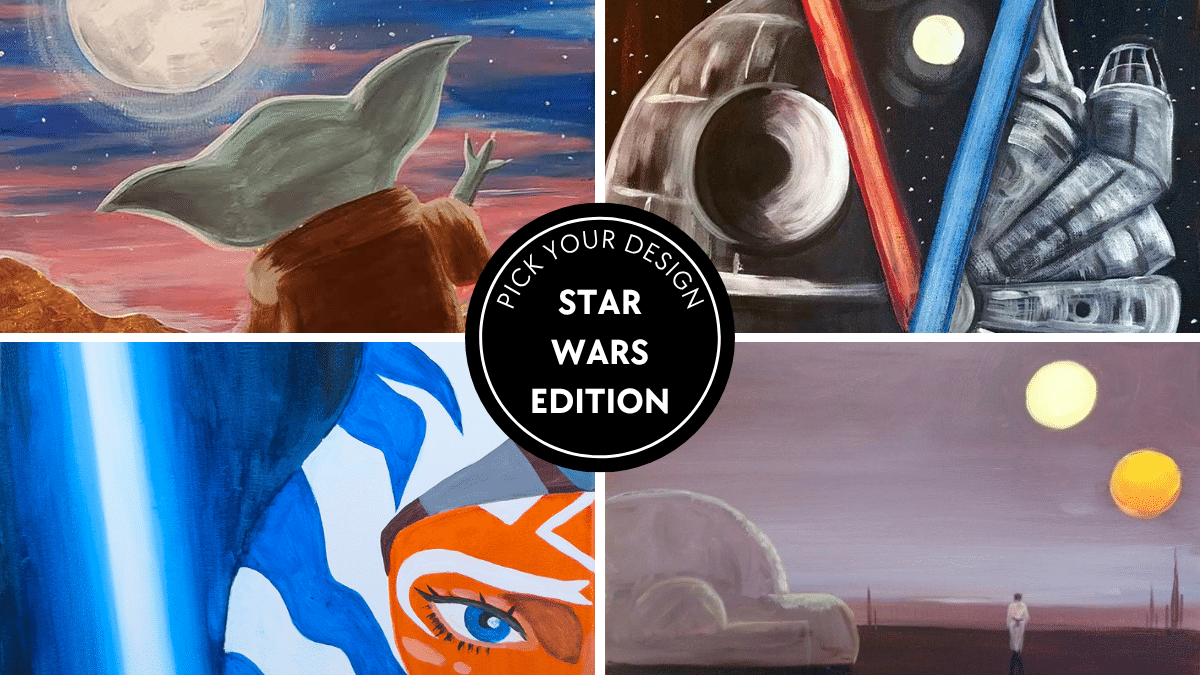 Collage of four Star Wars themed paintings featuring Grogu, lightsabers, a character portrait, and a twin sunset landscape for a paint and sip event.