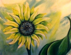 Yellow sunflower with green leaves on a soft blended background, painted on canvas at a paint and sip event