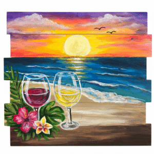 Wood pallet painting of a beach sunset with two wine glasses, ocean waves, and tropical flowers