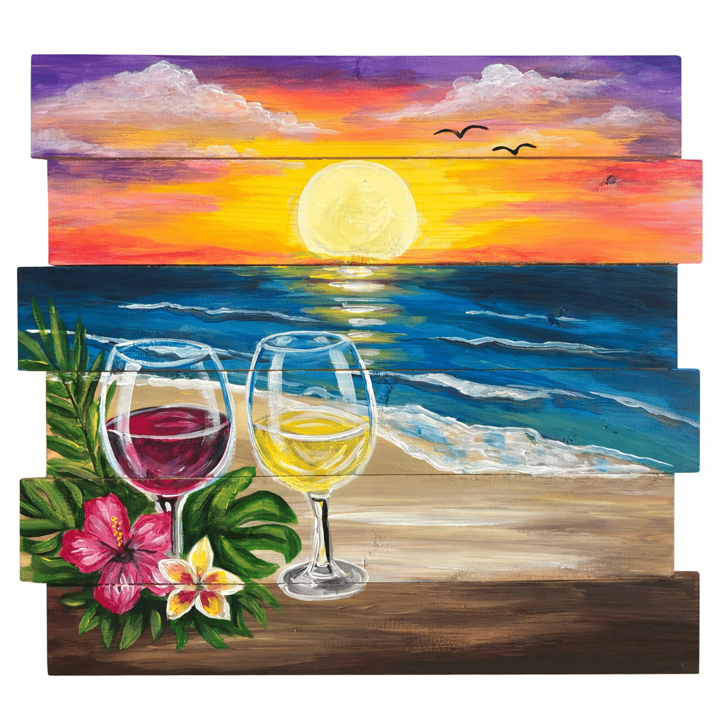 Wood pallet painting of a beach sunset with two wine glasses, ocean waves, and tropical flowers