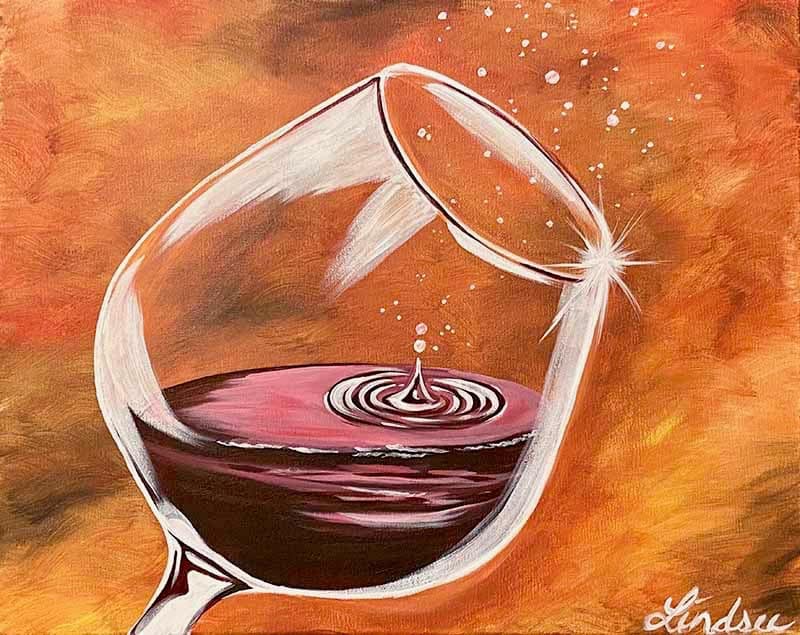 Tilted wine glass with red wine splash and ripple effect on a warm orange background painting