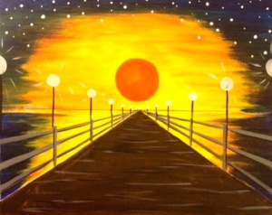 Boardwalk painting with glowing sunset, pier lights, and dramatic perspective leading to the horizon