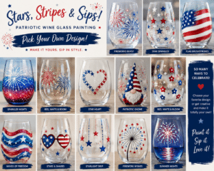 Collage of patriotic wine glass painting designs featuring fireworks, American flags, stars, hearts, florals, and red white and blue themes.