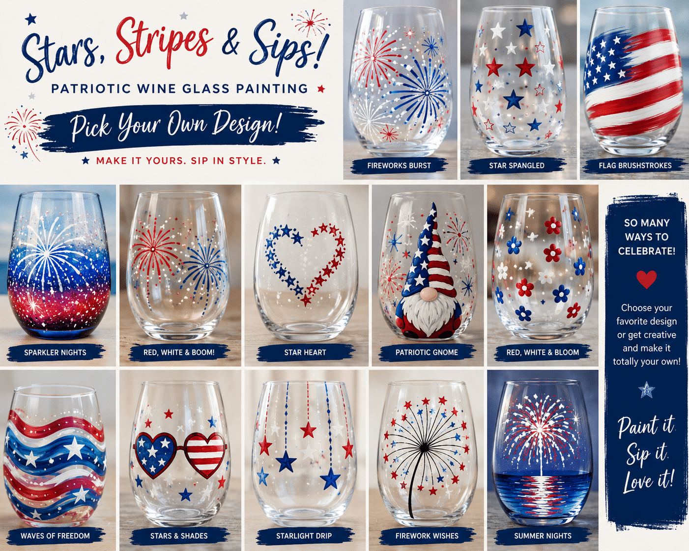 Collage of patriotic wine glass painting designs featuring fireworks, American flags, stars, hearts, florals, and red white and blue themes.