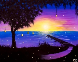 Sunset lake painting with glowing lanterns, fireflies, and a dock extending into the water