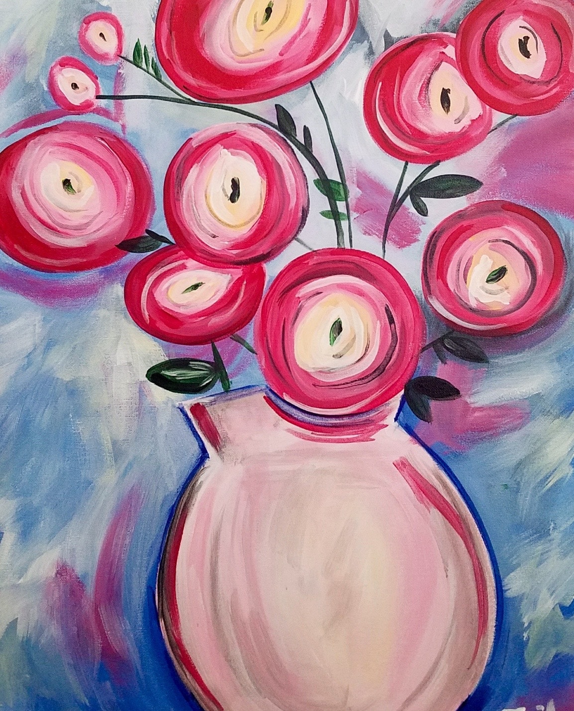 A soft pink vase filled with large, round pink flowers sits against a textured blue and pastel background, with loose, expressive brushstrokes giving the bouquet a bright and cheerful feel.