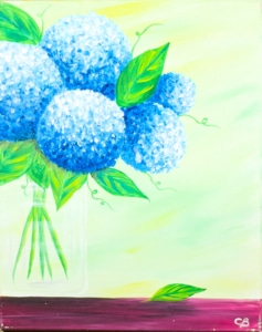 Blue hydrangea flowers in a glass vase painting with soft green and yellow background