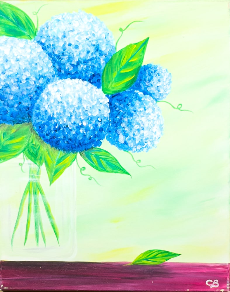 Blue hydrangea flowers in a glass vase painting with soft green and yellow background