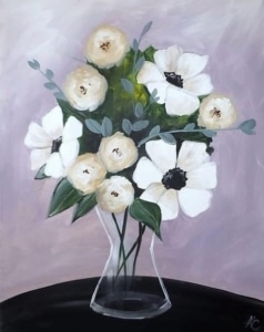 White and cream flowers with eucalyptus in a glass vase painting
