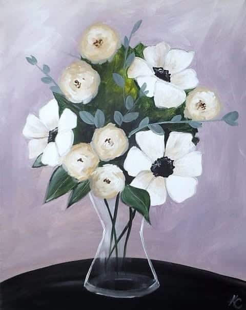 White and cream flowers with eucalyptus in a glass vase painting