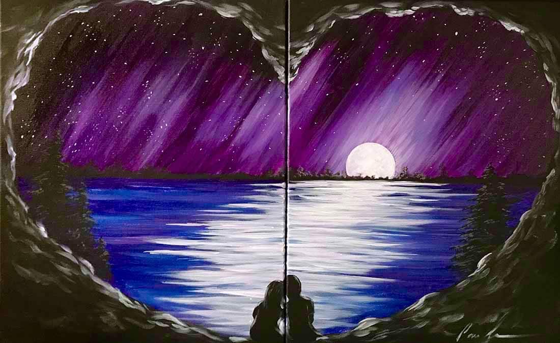 Couple silhouette beneath a moonlit sky reflected over water inside a heart-shaped cave opening