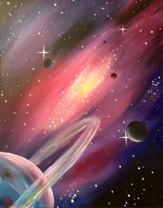 Colorful galaxy painting with planets, stars, and glowing space background