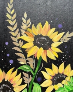 Bright yellow sunflowers painted on a black canvas with soft botanical accents and colorful speckled details surrounding the blooms.