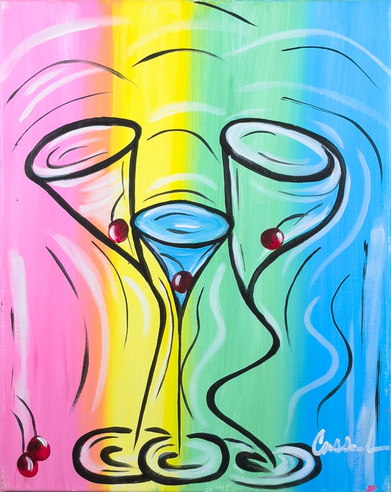 Colorful martini glasses painting with rainbow background and cherries
