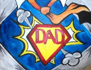 Super Dad superhero painting with red and yellow emblem on blue suit
