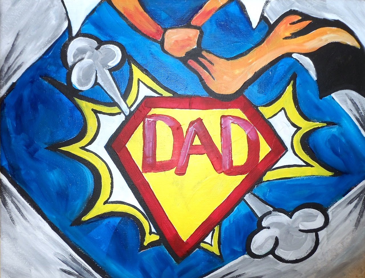 Super Dad superhero painting with red and yellow emblem on blue suit