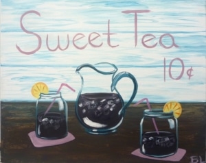 Painting of mason jar sweet tea glasses and a tea pitcher on a rustic table with a vintage sweet tea sign background.