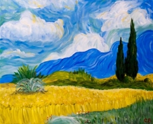 Van Gogh-inspired landscape with golden wheat fields, blue mountains, and swirling clouds