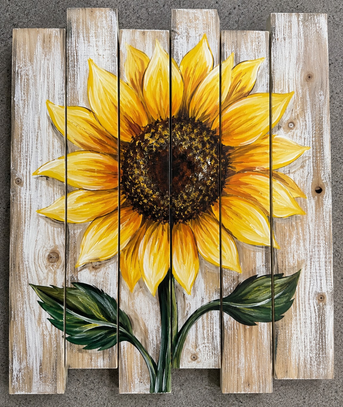 Sunflower painting on rustic wood pallet background