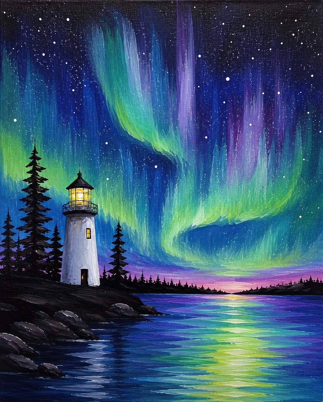 White lighthouse beside a calm lake beneath vibrant green and purple northern lights reflecting across the water under a star-filled night sky.