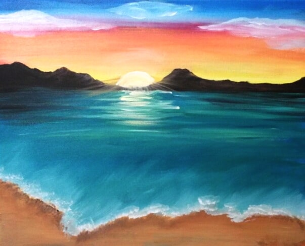 Colorful beach sunset painting featuring turquoise water, sandy shoreline, distant mountains, and a glowing sun reflecting across the bay.