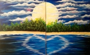 Two-canvas date night painting featuring a glowing sun over a beach shoreline with blue water reflections, fluffy clouds, and lush green trees.
